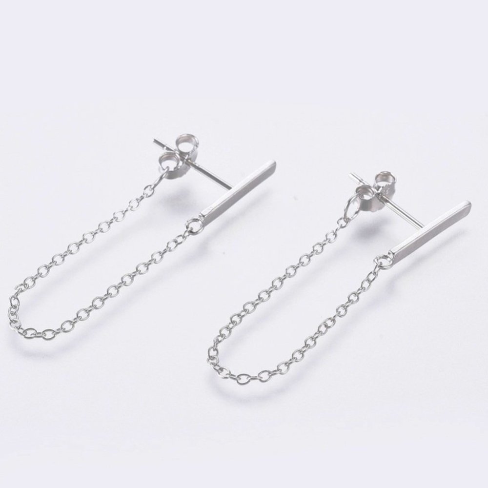 Simple Bar & Chain Stud earrings 925 Sterling Silver Unisex Back 2 front petite